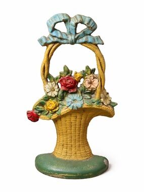Vintage Cast Iron Floral Basket Doorstop Hand Painted Cottage French Country